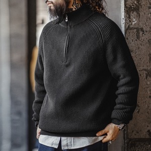 Half-Zip Solid Color Knitted Sweater / ハーフジップ ソリッド カラー ニット セーター