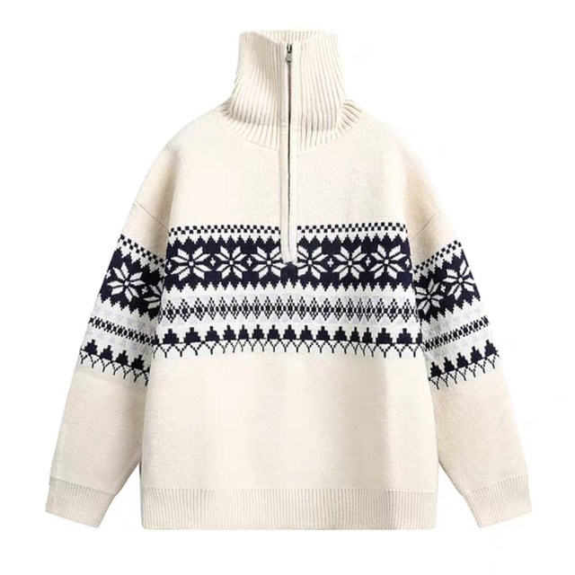 ノルディック柄 ハイネックハーフジップニット