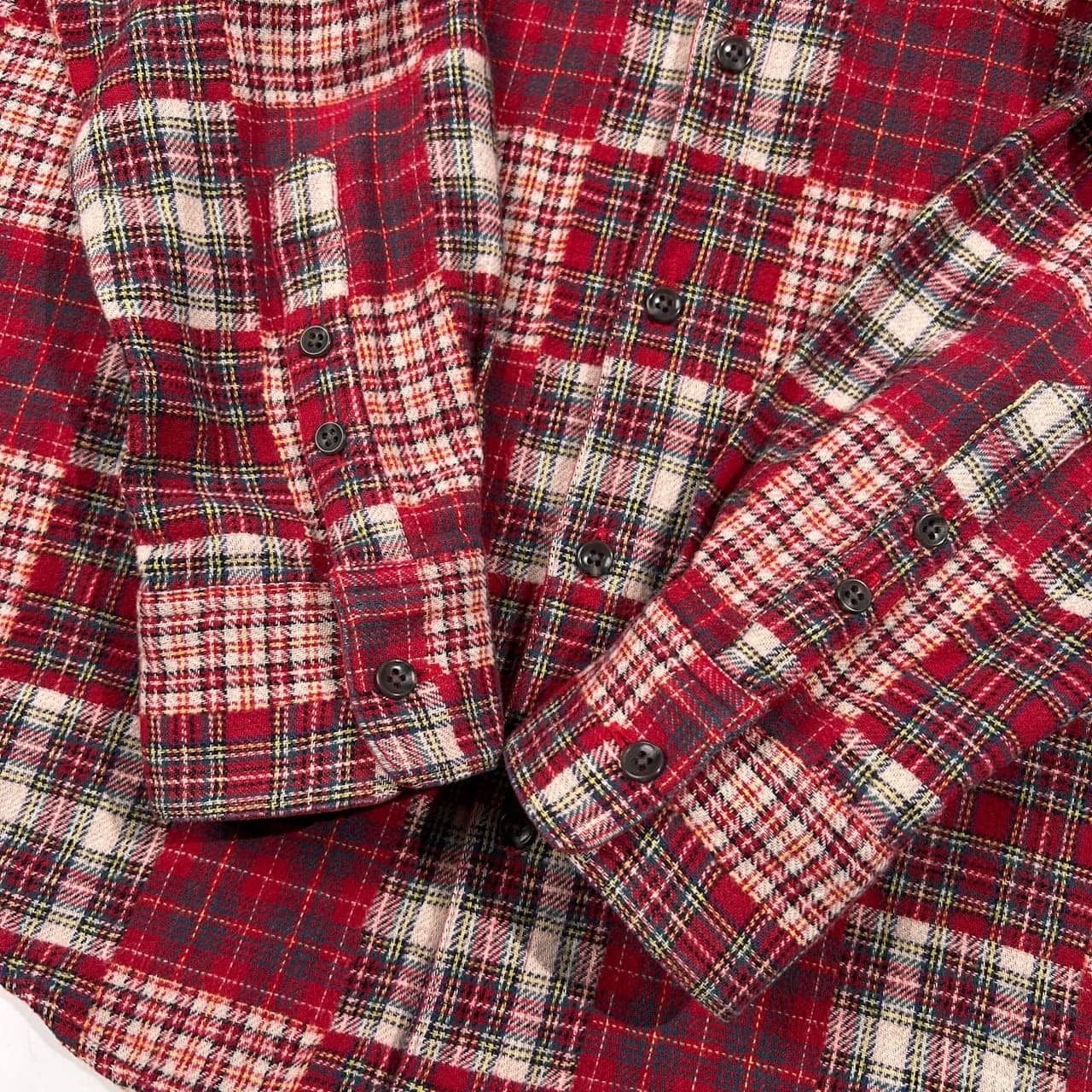 Papas パパス パッチワーク風 チェック柄 長袖 ネルシャツ サイズ 50 L /レッド系