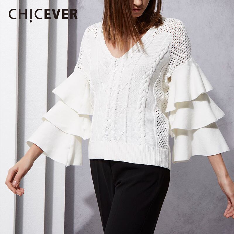 CHICEVER春編みプルオーバーセーター女性トップフレアスリーブVネックセータージャンパー服2020 スプリング 春物 6base578306344621