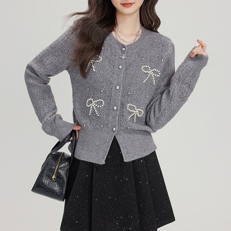ribbon round-neck pearl knit cardigan m0988