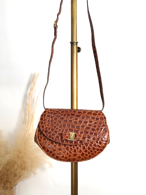 Salvatore Ferragamo サルヴァトーレ フェラガモ ショルダーバッグ ブラウン ヴァイオリン クロコ型押し vintage ヴィンテージ オールド 3nujzn