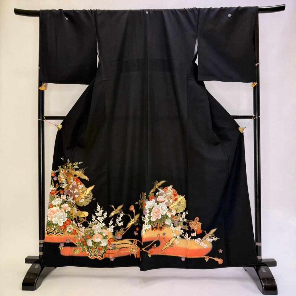 黒留袖 リサイクル着物 安い 裄70cm 2L size リメイク 中古 礼装 ポリエステル リユース 6220