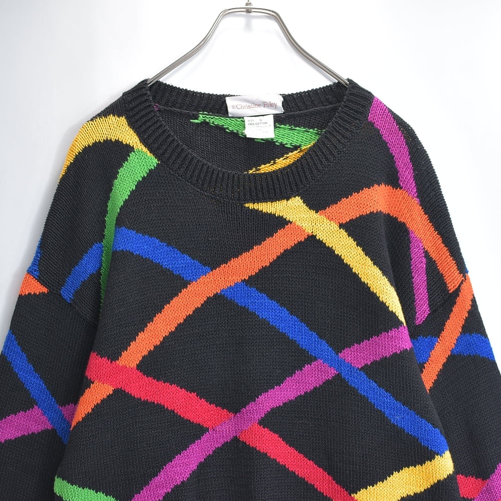 Christine Foley クリスティンフォーリー コットン ニットセーター マルチカラー クロスストライプ 総柄 クルーネック ブラック USED ヴィンテージ ビンテージ 古着 メンズ L相当