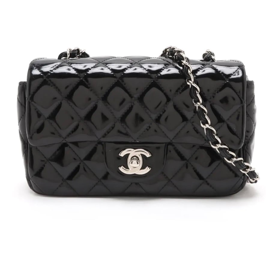 Extremely Rare ◇ CHANEL Mini Matelassé 20 Patent Leather Single Flap Single Chain Bag, Black and Silver, 20471031