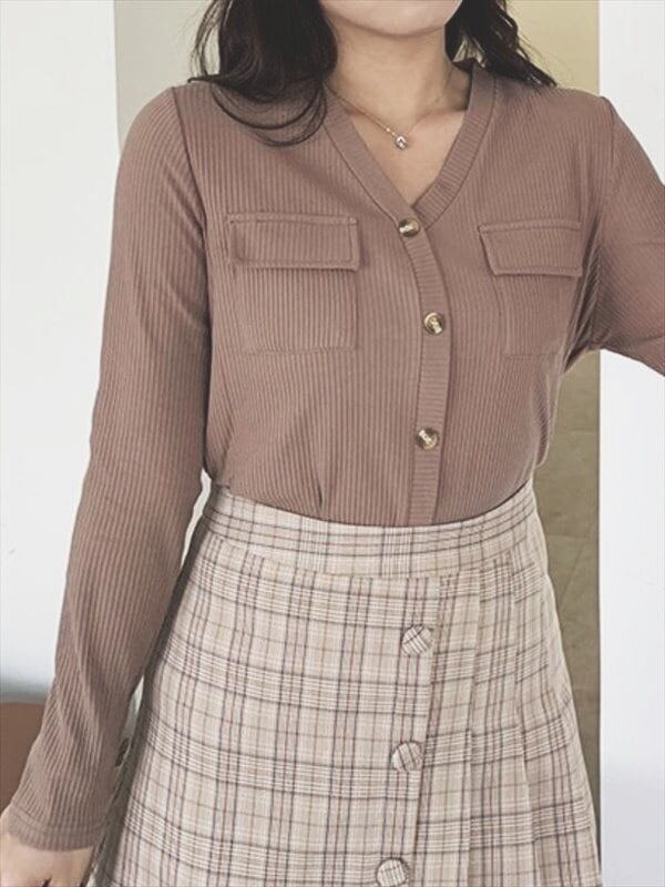 ポケット付きノーカラーシャツ 無地 長袖 きれいめ フェミニン 大きいサイズ 韓国 CH2217