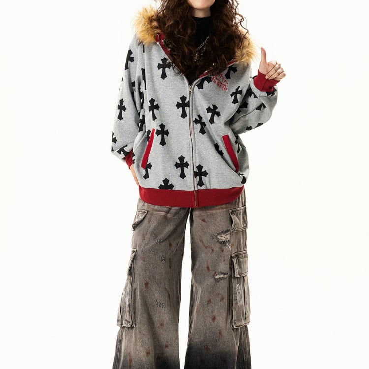 ジップアップ 長袖 クロスプリント フード付き ジャケット L00187