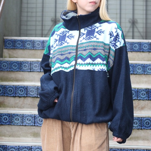 EU VINTAGE LINEA SPORT PATTERNED DESIGN FLEECE ZIP UP JACKET/ヨーロッパ古着柄デザインフリースジップアップジャケット