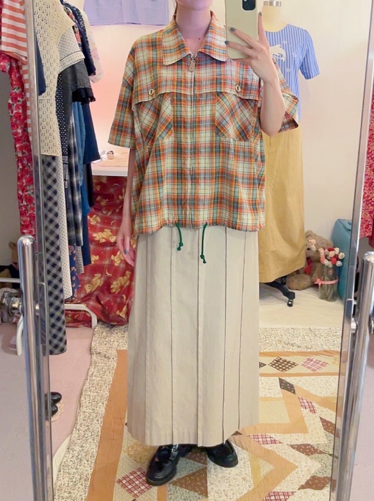 green madras check zip-up shirt