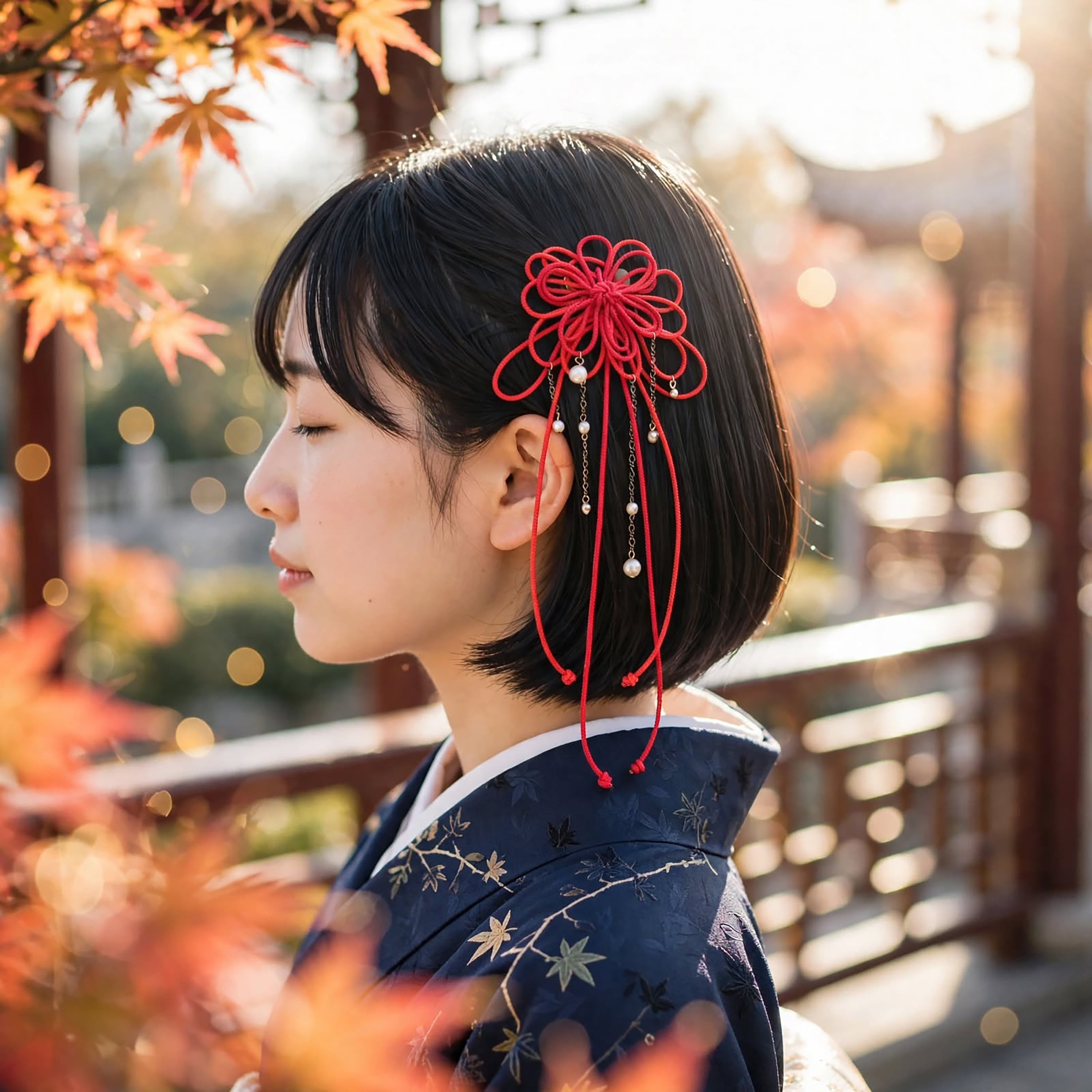 chumu様々order髪飾り　顎紐付き お着物に似合わせデザイン 飾り結びヘアコーム（小）「烈、其レハ」（赤×朱）【軽量で簡単和装