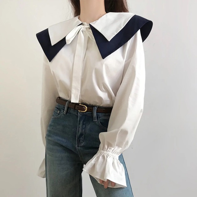 Double collar front ribbon shirt A677