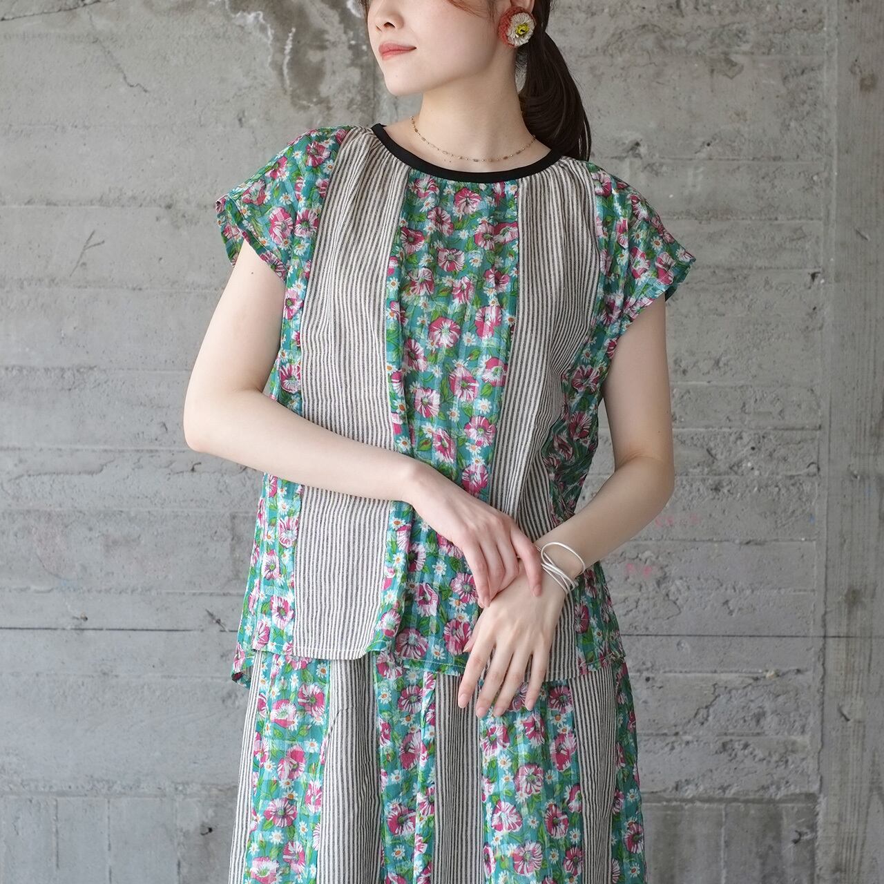 ふんわり涼しげ♪パッチワークフレンチスリーブトップ(23s-14)グリーン