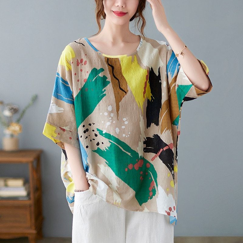 PRINT LOOSE CREW ELBOW LONG T-SHIRT M-17970
