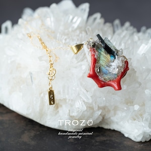 【展示品 Glow Slow Collection JR京都伊勢丹出品】Integration Necklace ラブラドライト×  珊瑚  ×トルマリン × アクアマリン × 水晶 × オパール 鉱物原石 14kgfネックレス 天然石 アクセサリー (No.2886)