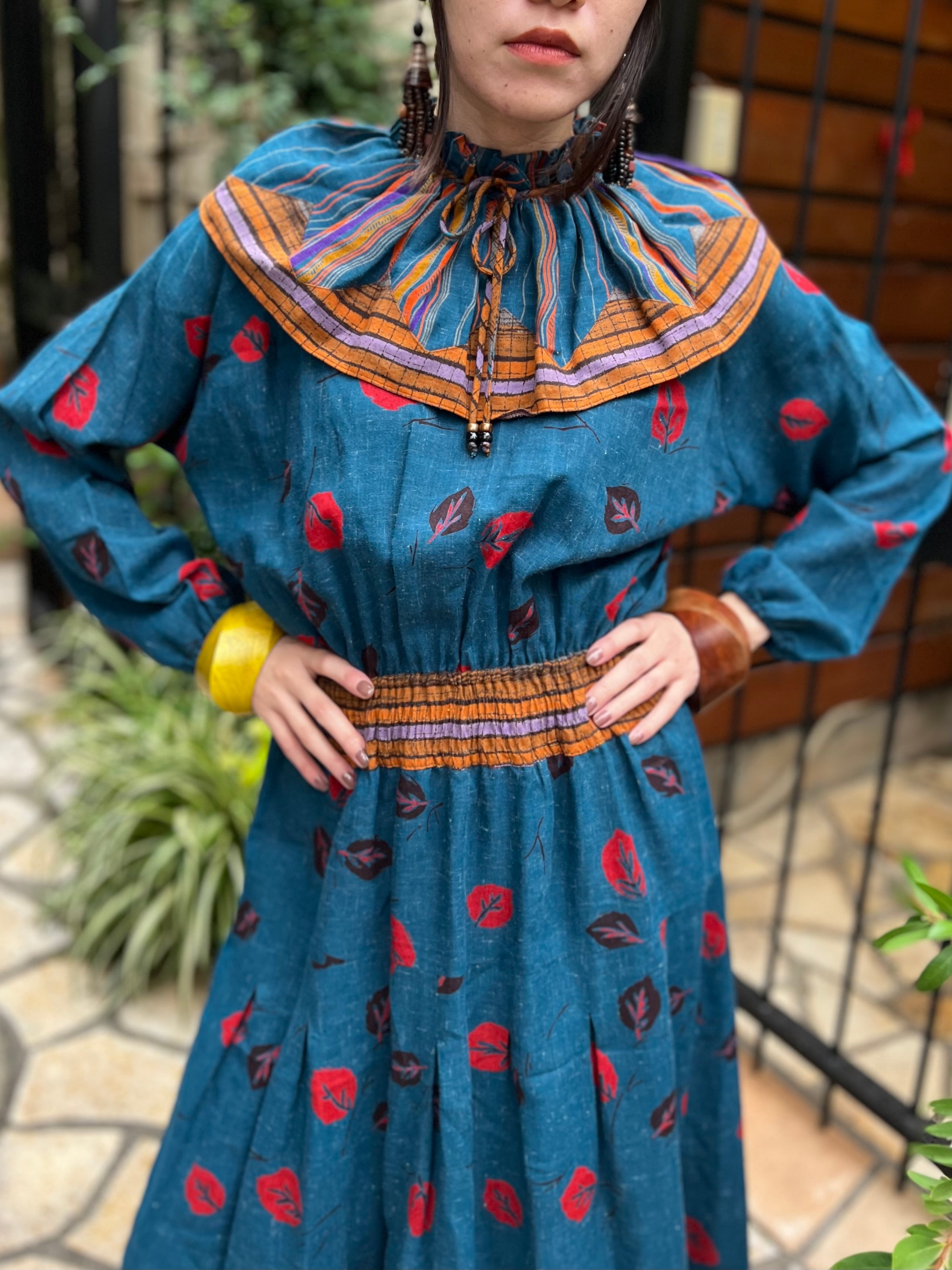 70s Diane freis wool Indigo blue × leaf dress ( ダイアン フレイス ...