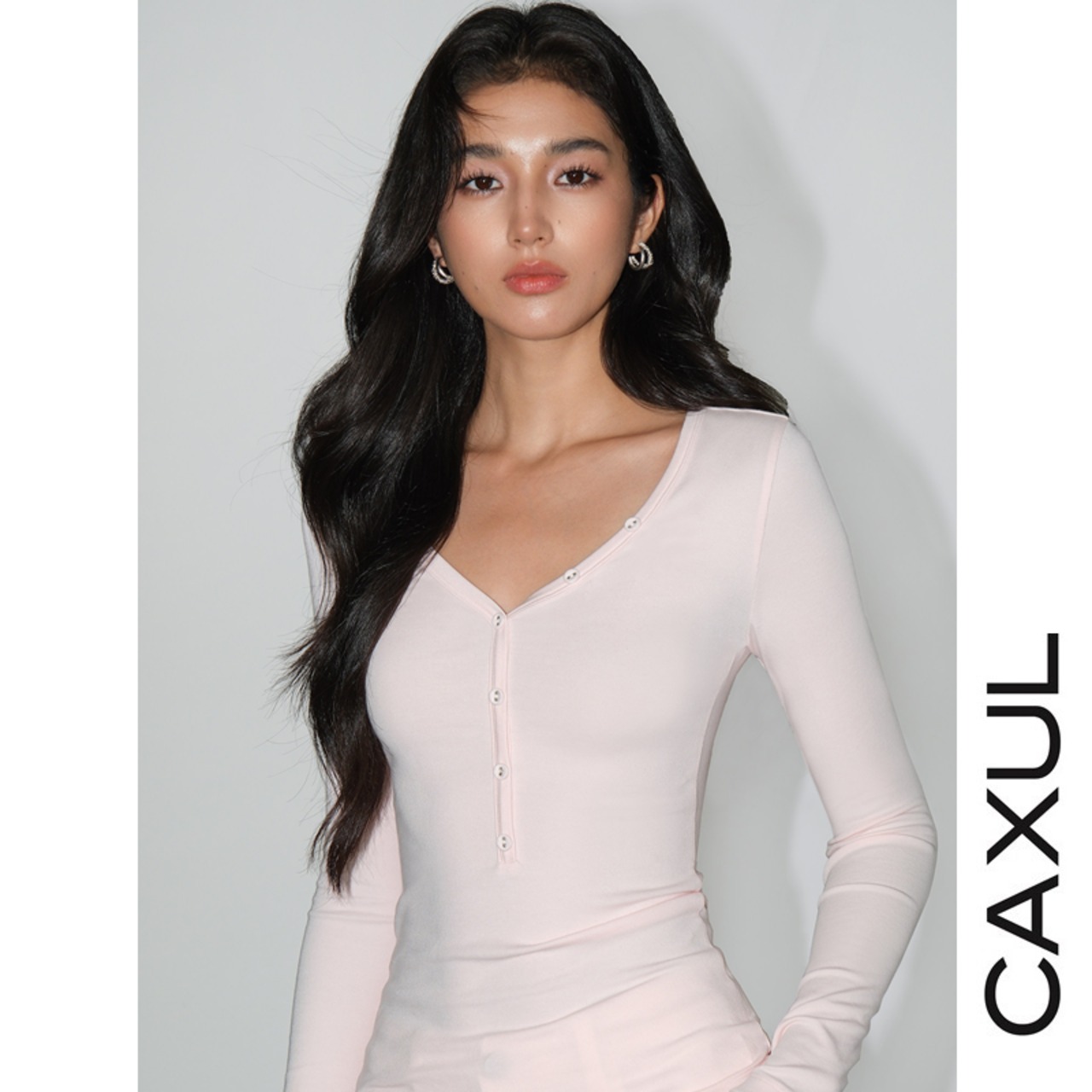 Button Detail Soft V-Neck Long Sleeve T-shirt/3color