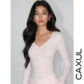 Button Detail Soft V-Neck Long Sleeve T-shirt/3color