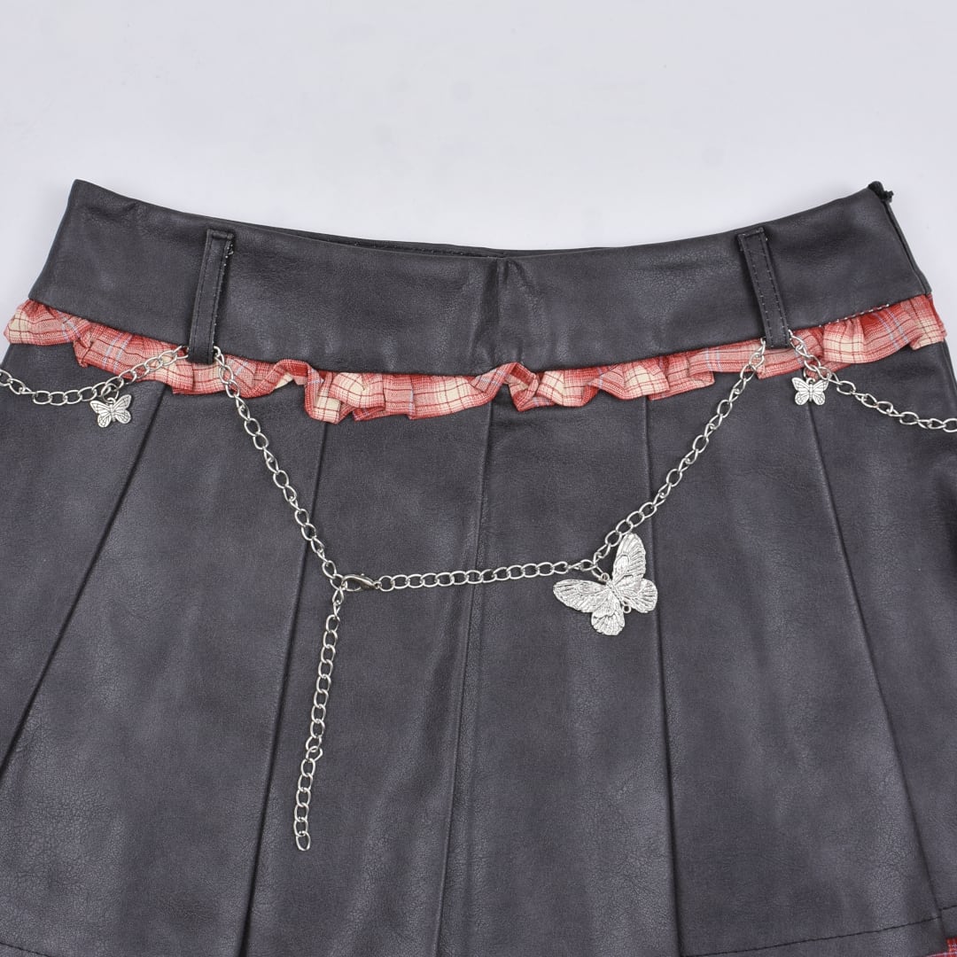 2点セット】Butterflyチェーン付き レイヤード レザープリーツスカート