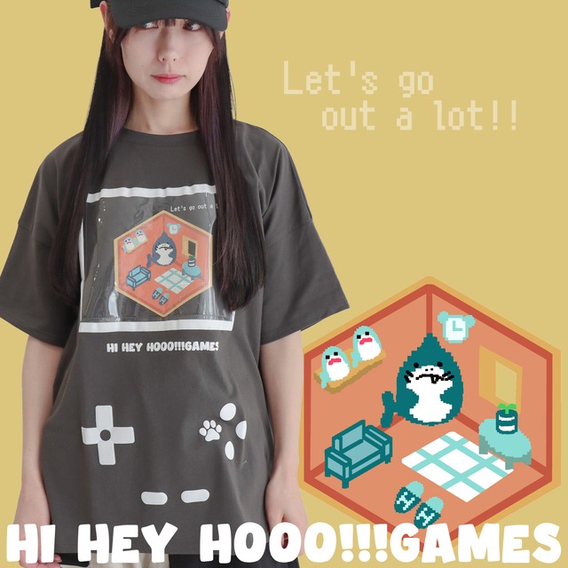 【ゲームTシャツ】サメ だってGAMEに夢中！PVCポケット付き 推し活対応ユニセックスTシャツ