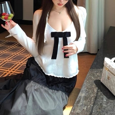 モノトーンリボンキャミソール+カーディガン