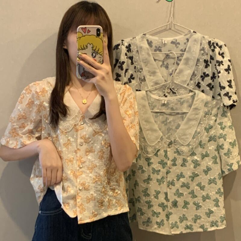 サマースタイルカラーシャツ ルーズプリントブラウス レディース リボン 夏物 YY-ファッション49405755028