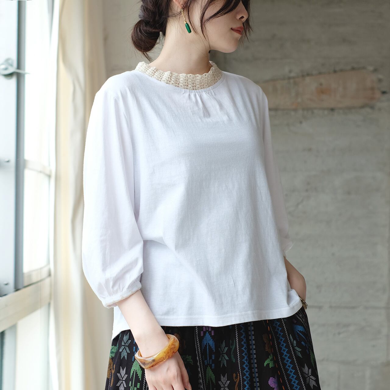 【待望の七分袖】人気シリーズ新作!かぎ針編み七分袖カットソー(25w-02)アイボリー