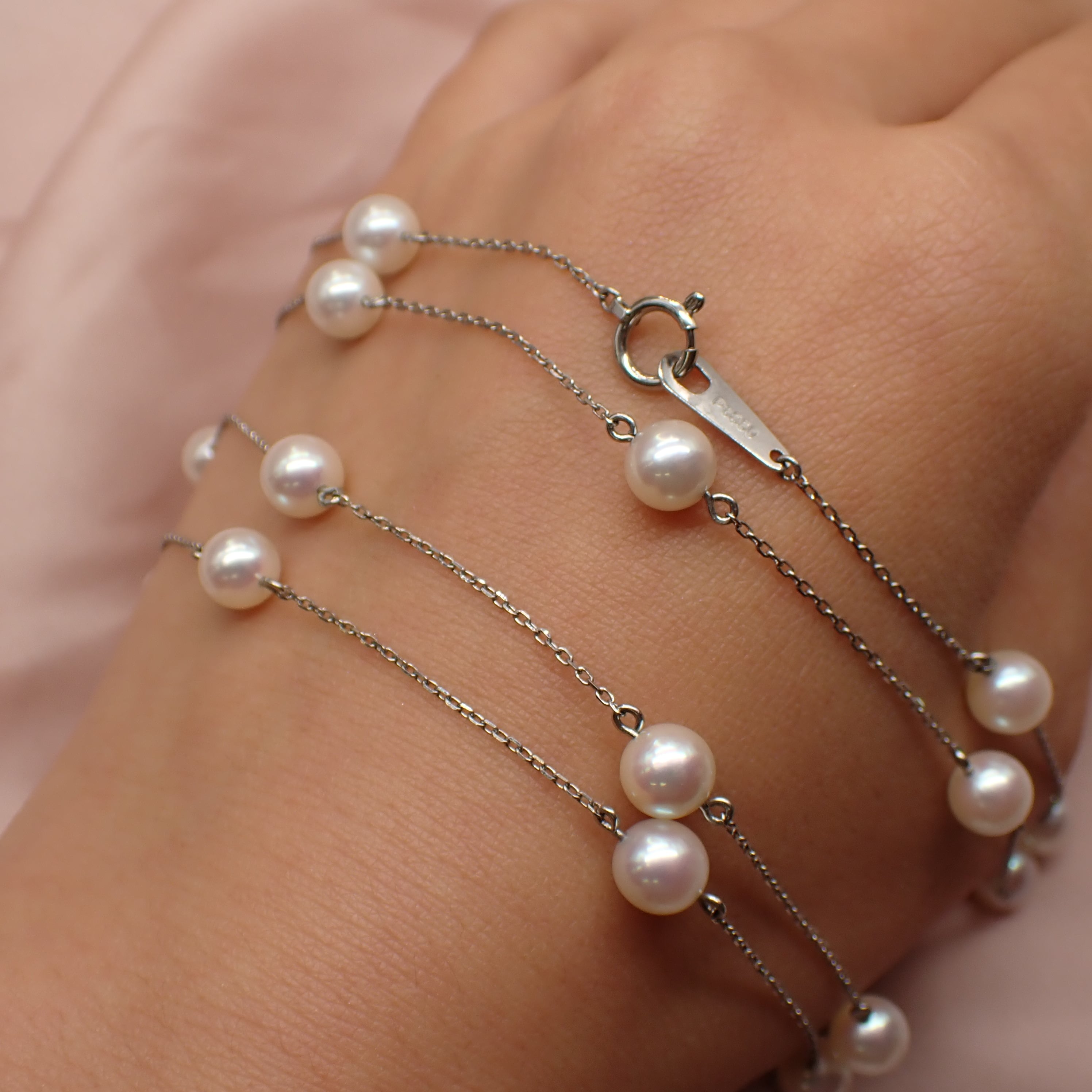 Pt850 パール ロングネックレス 80cm 二連 ステーションネックレス