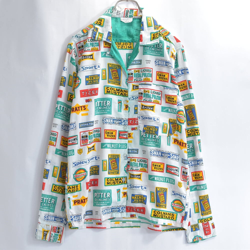 60～70s kennsington blus レトロサイン デザイン 総柄 オープンカラー