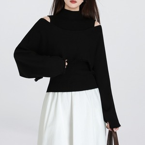 2way high-neck open-shoulder fringe knit m1339