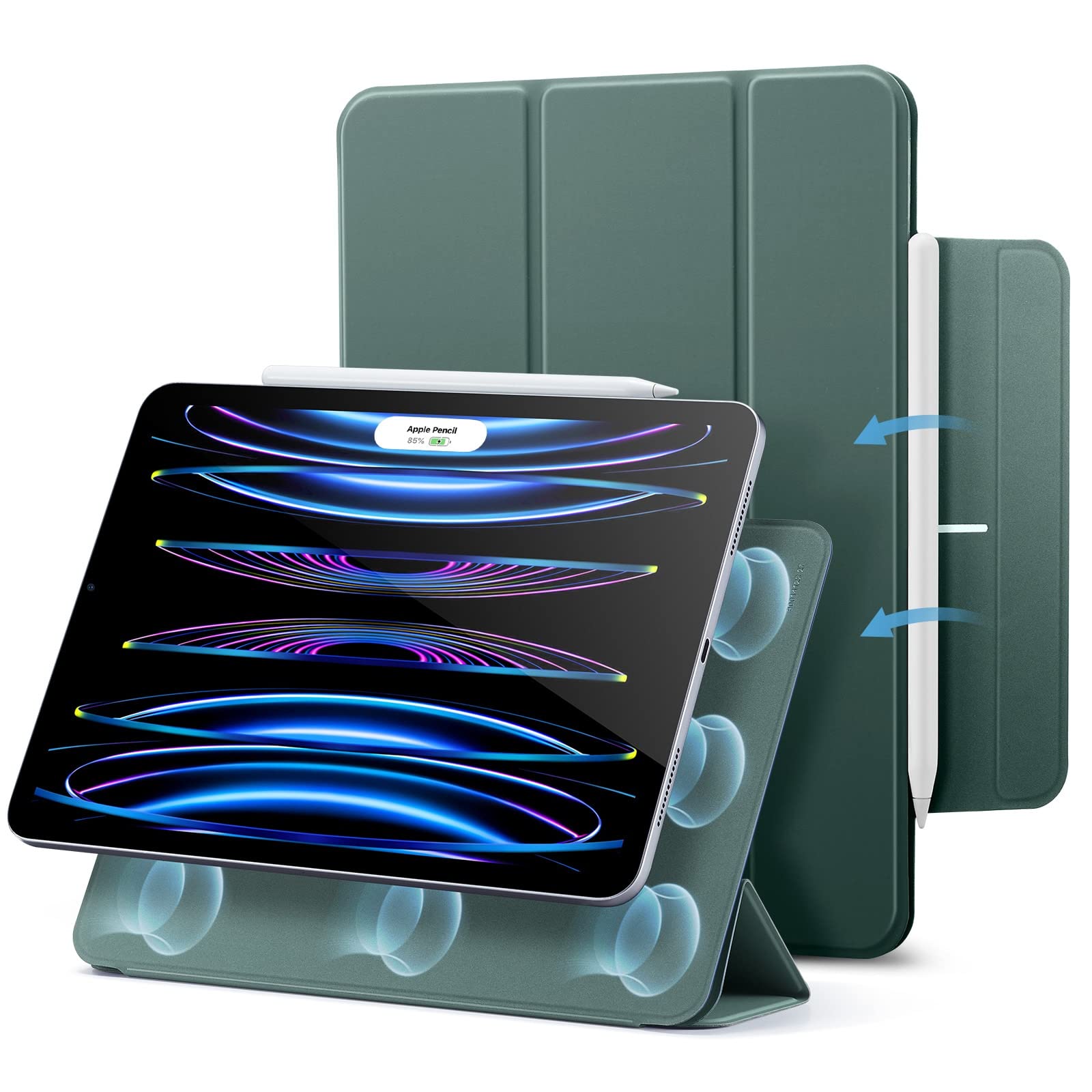 ESR iPad Pro 11インチ ケース 第4/3/2/1世代(2022/2021/2020/2018)専用 マグネット吸着式 Pencil 2対応 三つ折スタンド オートスリープ/ウェイク機能 Reboundシリーズ グリーン