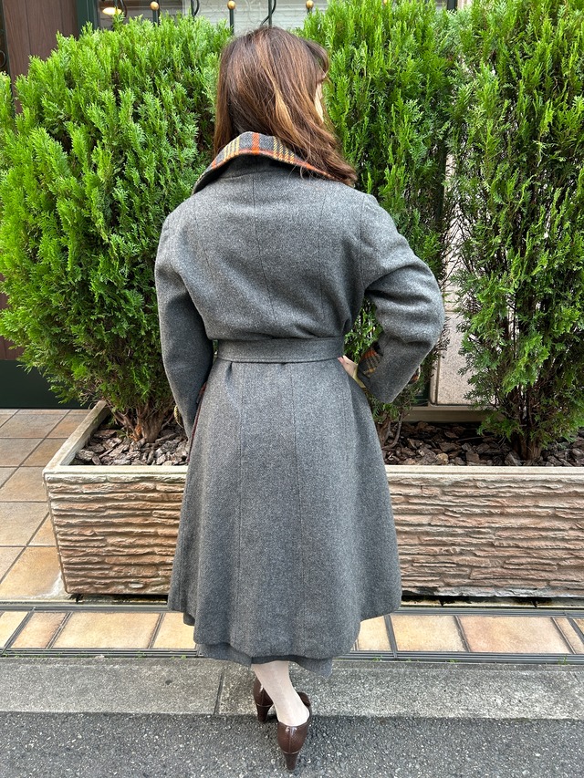 70's check gray coat with muffler& belt