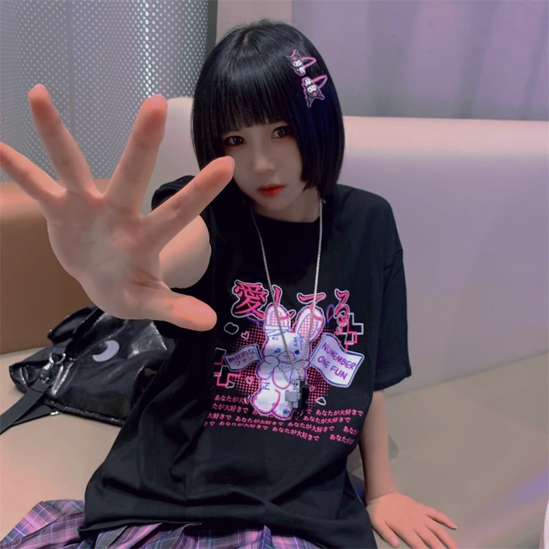 サブカル 服 地雷系 通販 半袖 Tシャツ うさちゃん プリント柄 かわいい 甘め