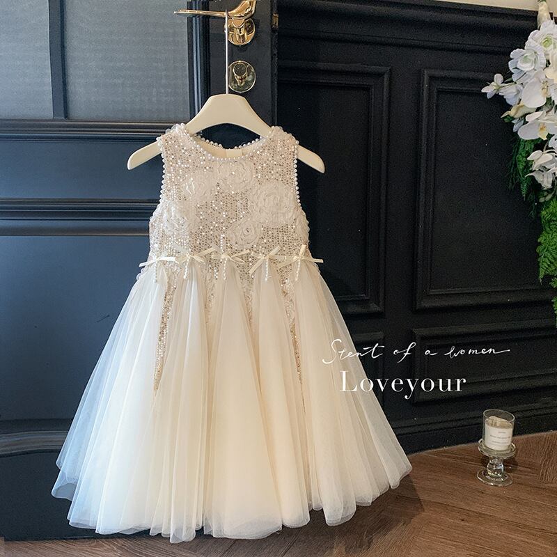 【予約販売】100-150cm 主役級の煌めき♡ スパンコール&立体ローズフラワーが華やかな高級感あふれるフォーマルチュールドレス✨(シャンパンアイボリー)