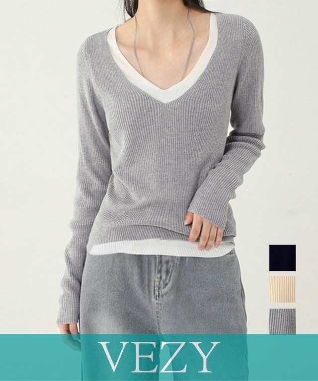 ニットトップス レイヤード風 Vネック服 ニットソー 長袖 重ね着風 プルオーバー 春秋冬 リブニット 可愛い 韓国ファッション ニットウェア 着回し ニット トップス セーター VEZY ベジー ItemNo.【23531411 】
