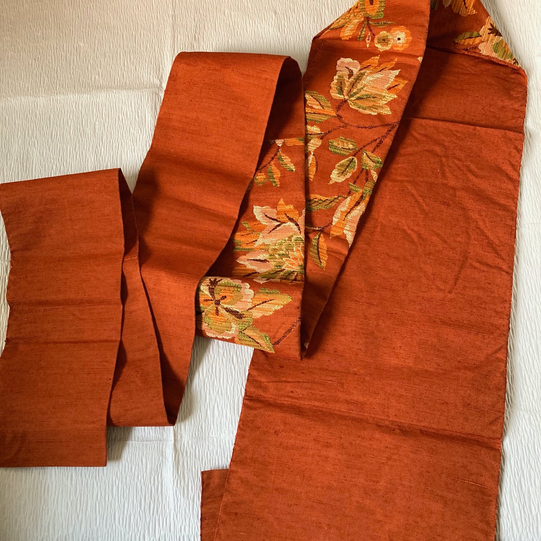 赤橙紬綴れ織大柄更紗 名古屋帯 | きもの屋 梅の種
