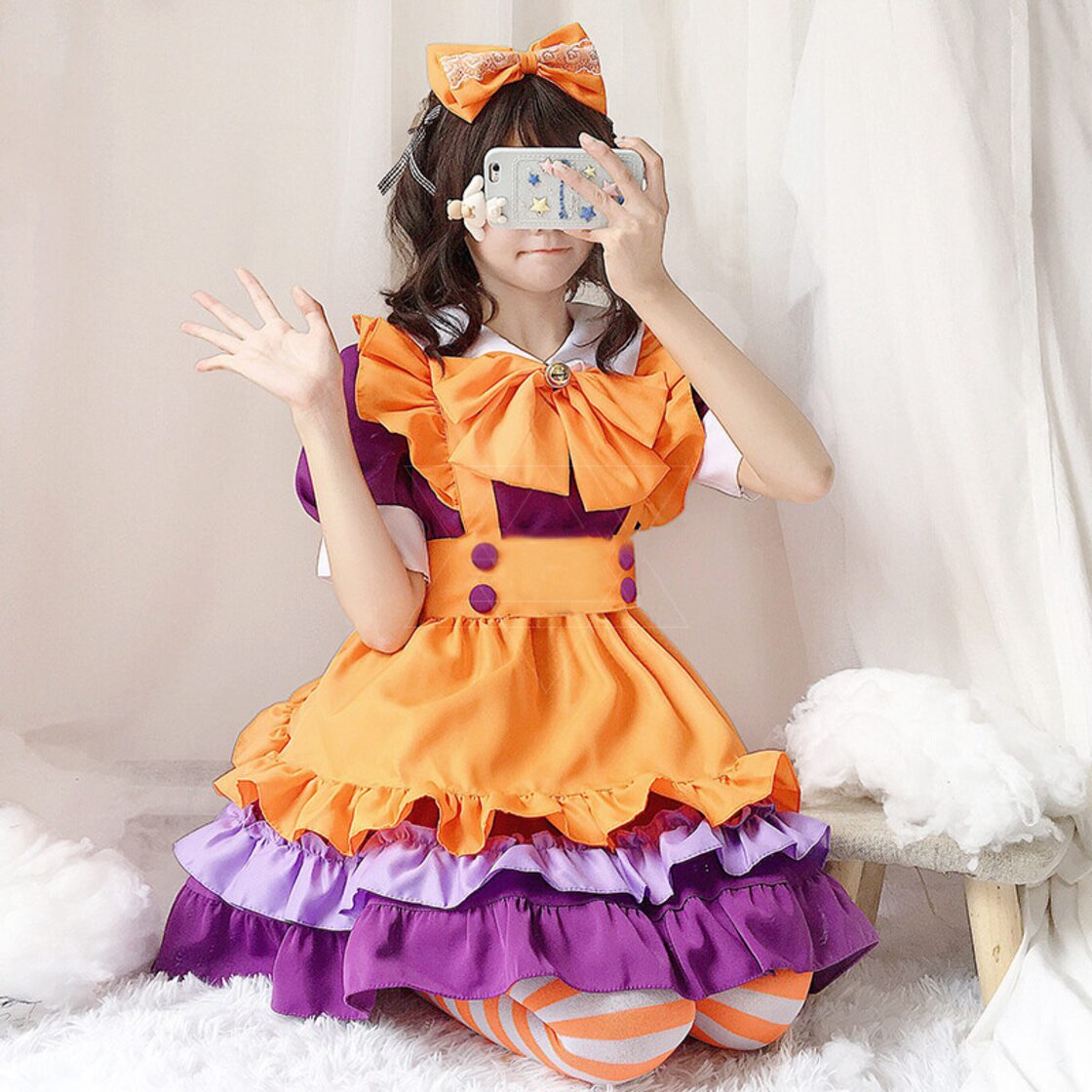 4点セット）オレンジ かぼちゃ ハロウィン メイド服 可愛い コスプレ 
