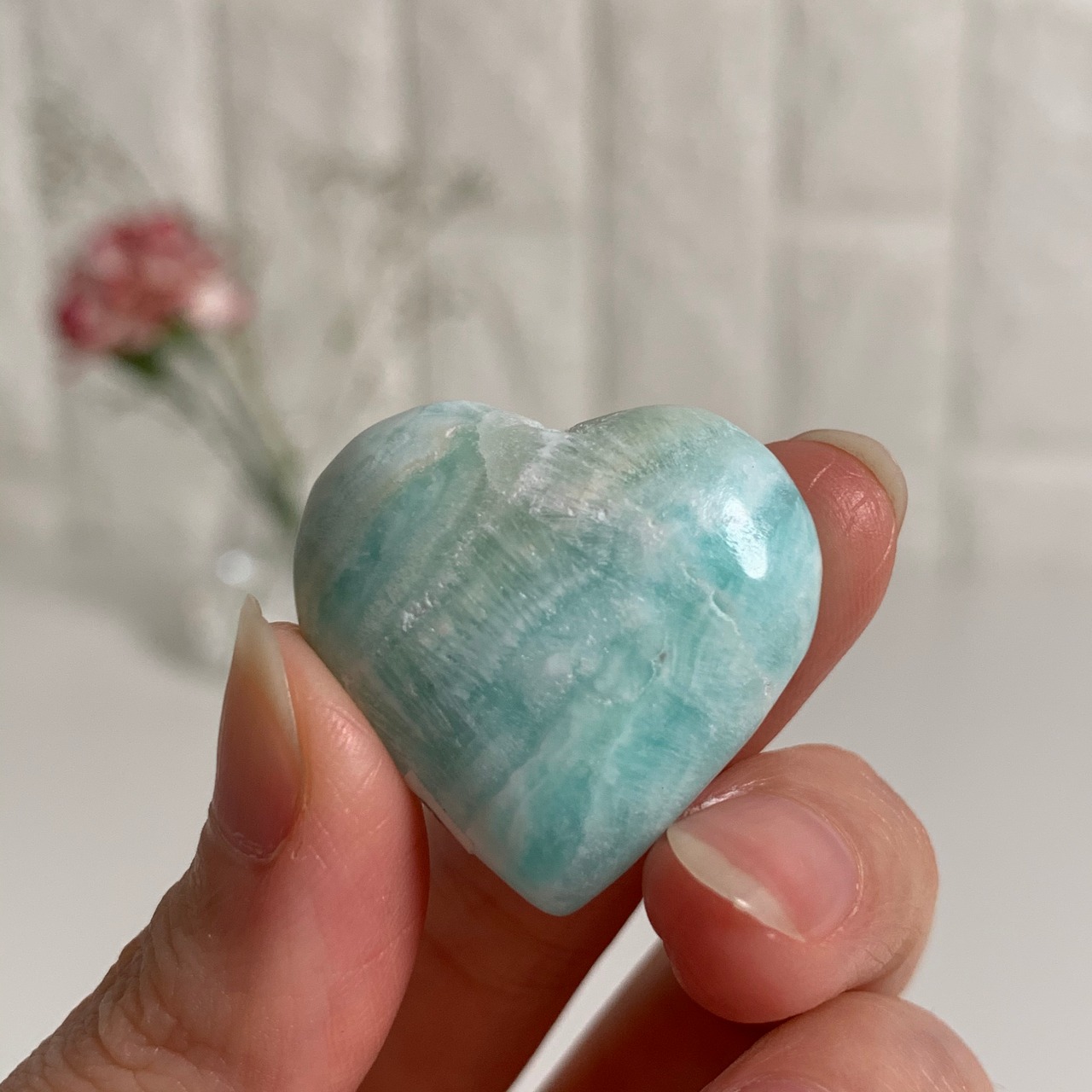 カリビアンブルーカルサイトハートシェイプ＊天然石インテリア＊ハートの置き物＊ミニサイズ