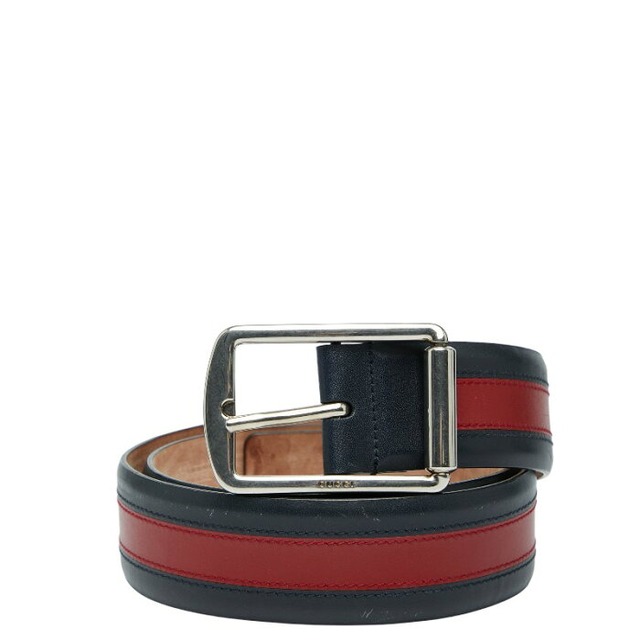 グッチ シェリーライン ベルト サイズ：90 36 295331 ネイビー レッド レザー メンズ GUCCI 【中古】