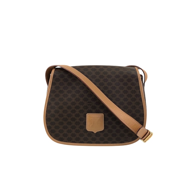 CELINE セリーヌ マカダム ショルダーバッグ ブラウン ブラゾン型押し PVC レザー フラップ vintage ヴィンテージ オールド kbjacj