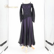 社交ダンス 衣装 ワンピース ドレス ブラック系 レイリーナ Leirena 花 花柄 レース スタンダード リボン 華やか 黒 紫 上品 かわいい 華やか ダンス衣装 イベント ステージ おしゃれ パーティー ダンスパーティー パープル系