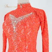 社交ダンス 衣装 スタンダードドレス ワンピース ドレス スタンダード フリル レース デモ 競技 ダンス パーティ 発表会 ボリューム 朱色 赤 白 ホワイト系 レッド系 オレンジ系 可愛い ダンス発表会 ドレスアップ 競技用衣装 女性用ドレス パーティードレス 高級感