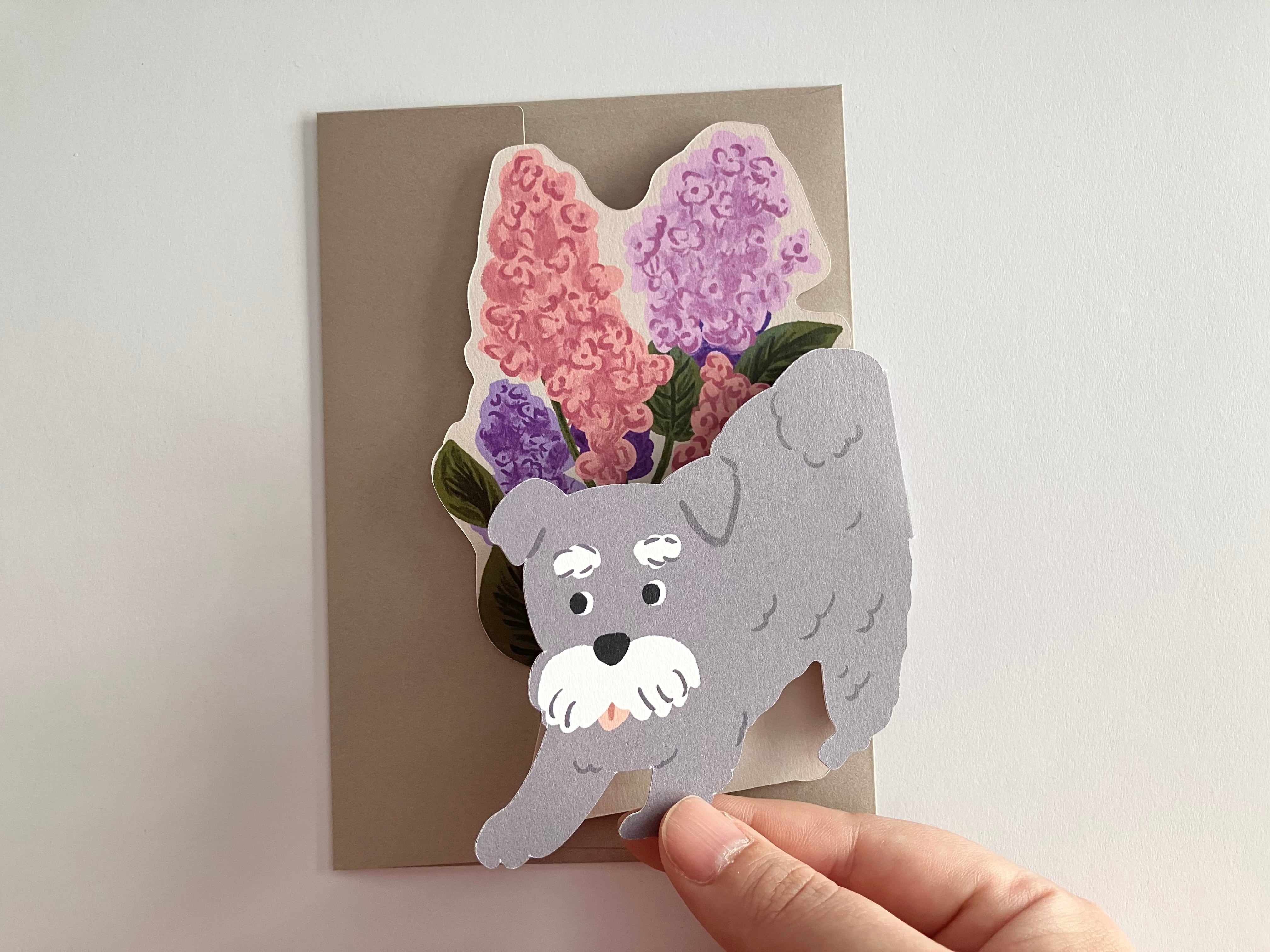 シュナウザー&ライラック Bloom ダイカットグリーティングカード