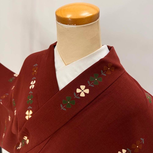 小紋 単衣 洗える着物 裄68.4cm 身丈166cm えんじ 花柄 お洒落着 普段着 ポリエステル 美品 L サイズ 5289