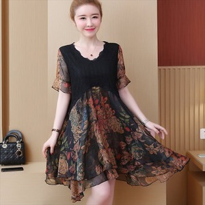 【送料無料】ロングドレス 2パターン 花柄 ヒョウ柄 夏 ひざ丈 半袖 体系カバー 30代 40代  ママ服 レディースファッション 可愛い お出かけ 女子会 デイリーユース お茶会 お呼ばれ Aライン フレア Vネック