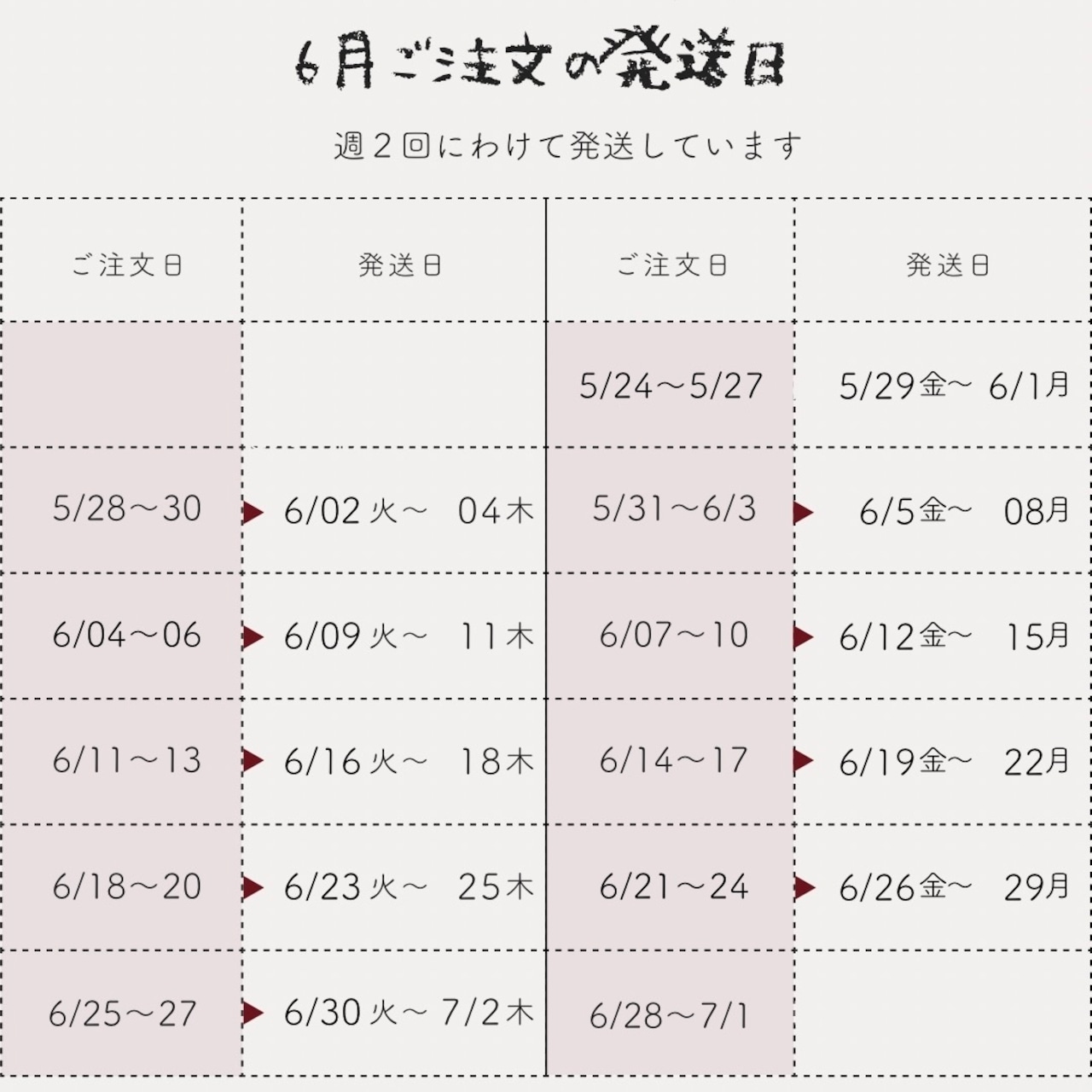 発送は週2回(火〜木)・(金〜月)です。6月の発送日
