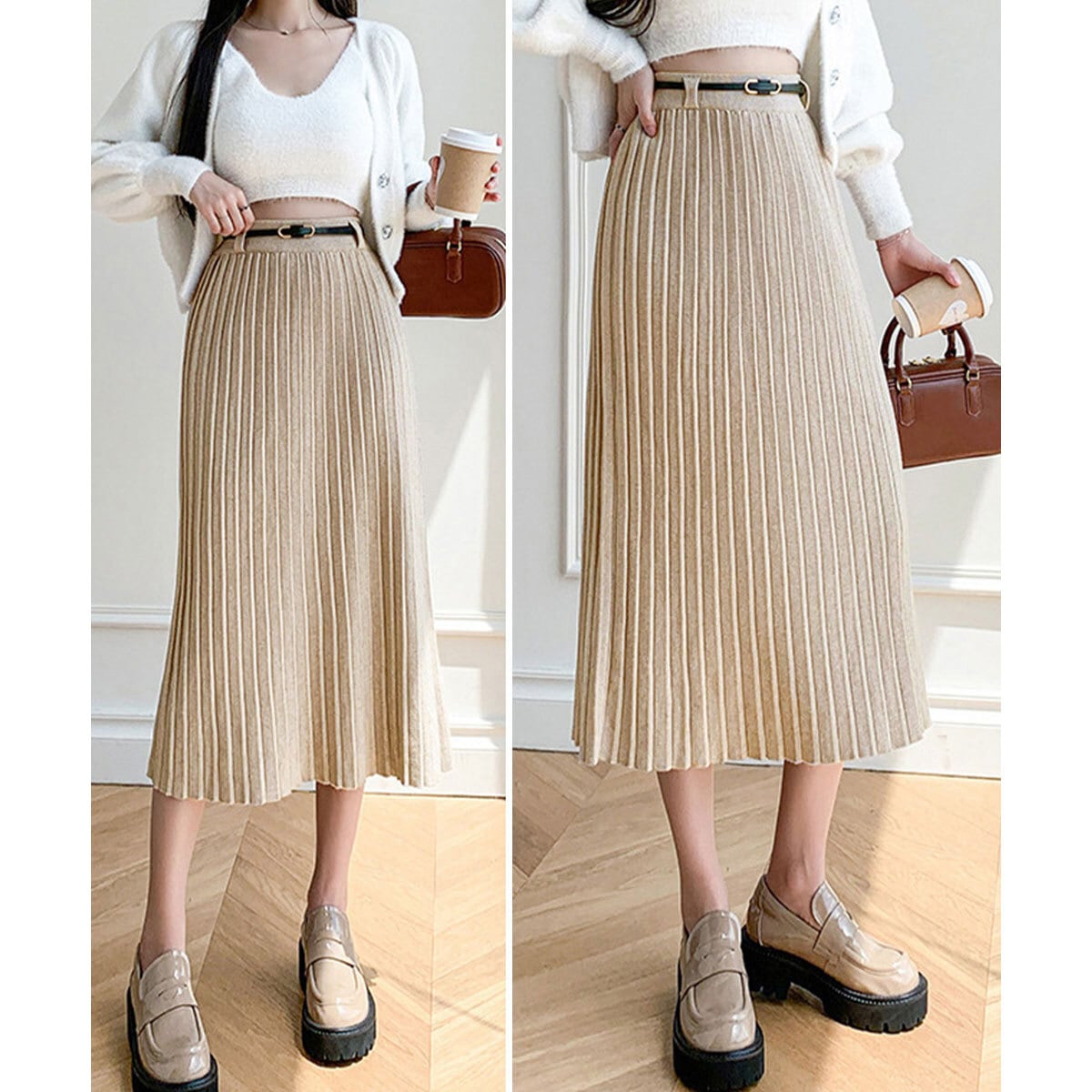 プリーツ ニット スカート レディース 秋冬 韓国 ロングスカート きれいめ 大人 かわいい フェミニン 通勤 ビジネス オフィス シンプル ウエストゴム ハイウエスト ミモレ丈 大人可愛い 大人女子