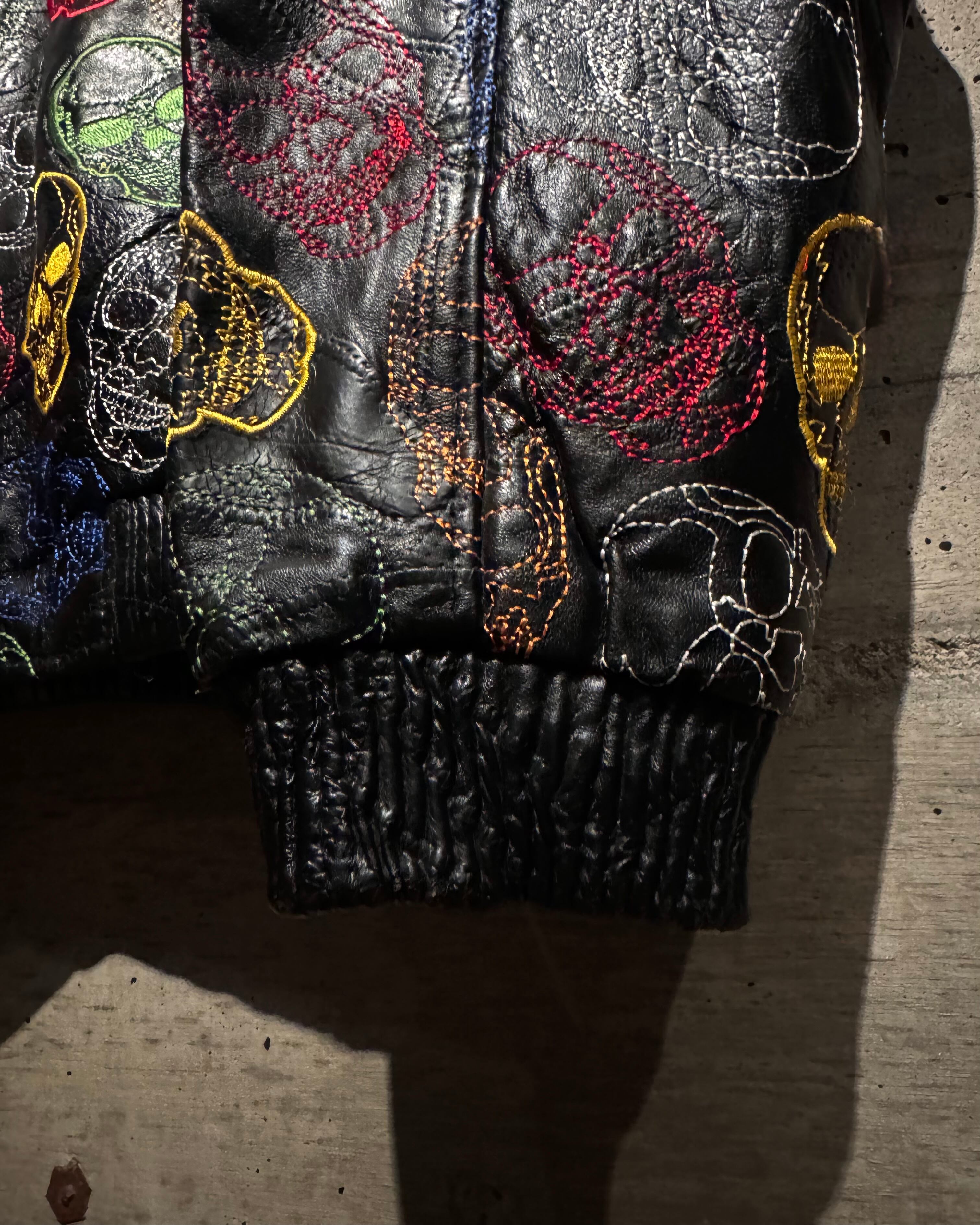 Caka】Skull Total Embroidery × Patchwork Hooded Leather Jacket