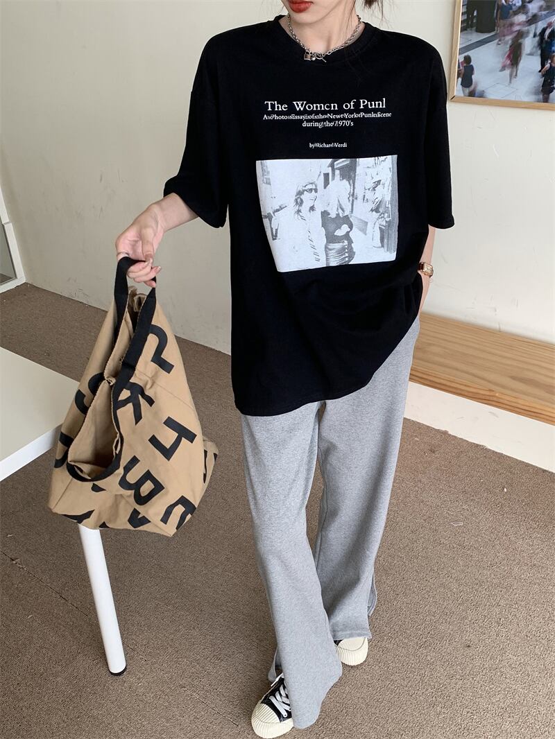 Tシャツ スタイル薄手プリント柄ルーズブラックトップス サマー 大人ガーリー スウィート キュート カジュアル 夏物 ブラックストロベリース803601412