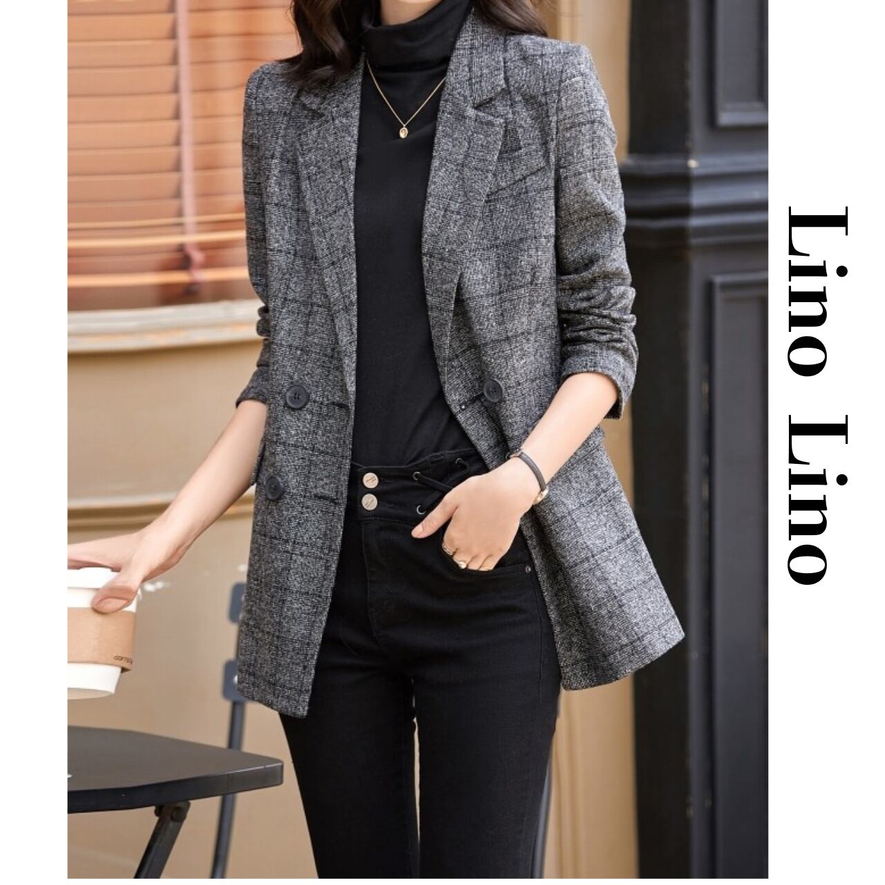 Double-Breasted Hip-Length Check Jacket L00872