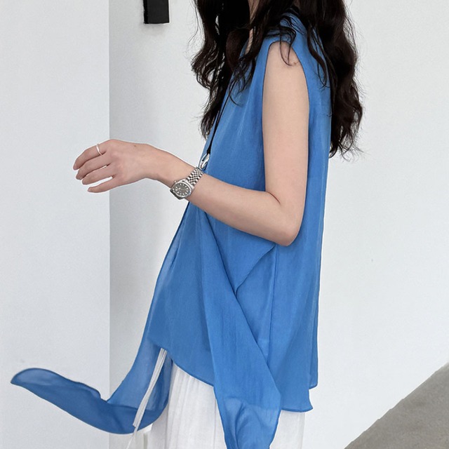waist ribbon sleeveless blouse L0489